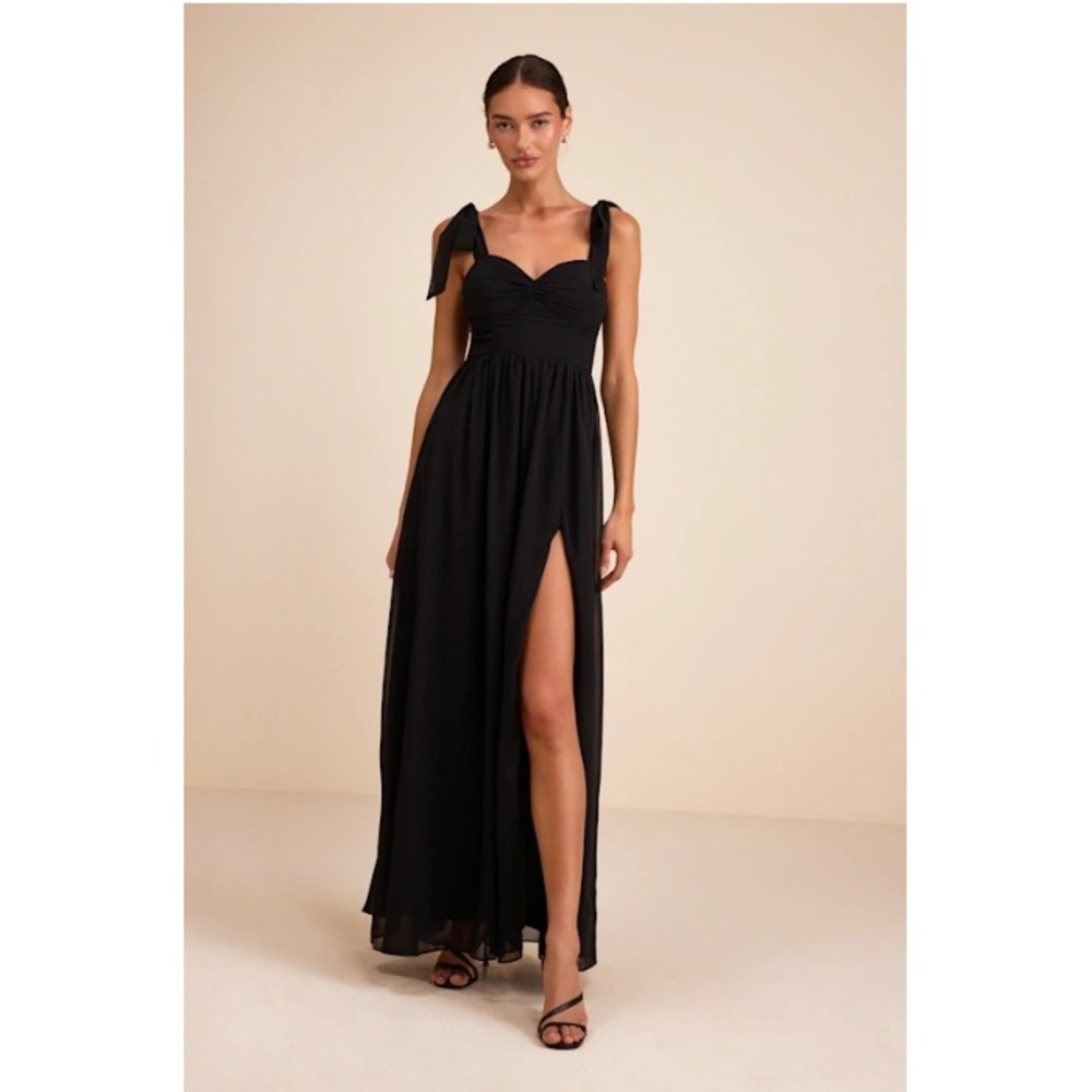 Lulus Black Chiffon Tie Strap Ruched Maxi Dress Sweetheart Neckline Size Large